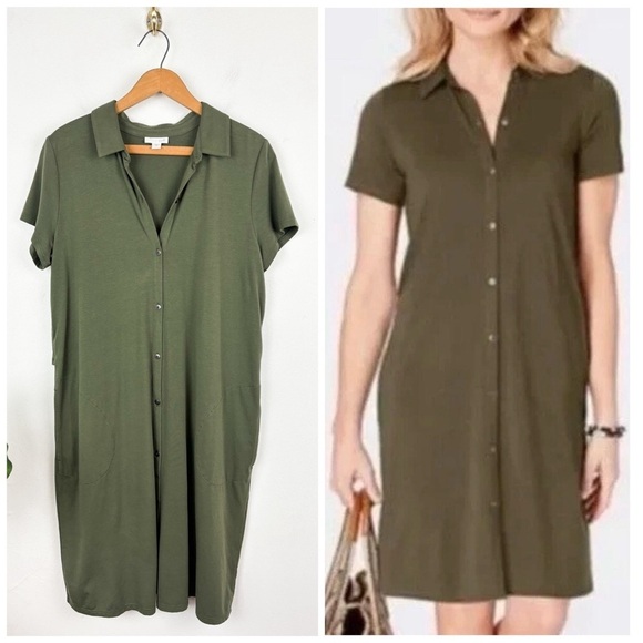 J. Jill Green Button Front Pima Cotton Modal Blend Shirt Dress Sz M - Picture 1 of 9